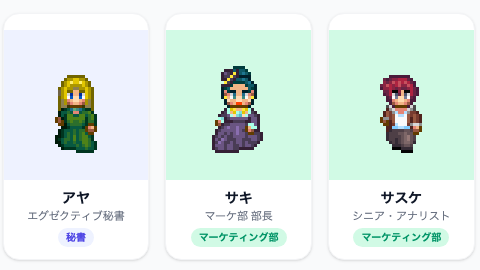 AI社員システムのアバター（アヤ=秘書・各部署のAI社員）